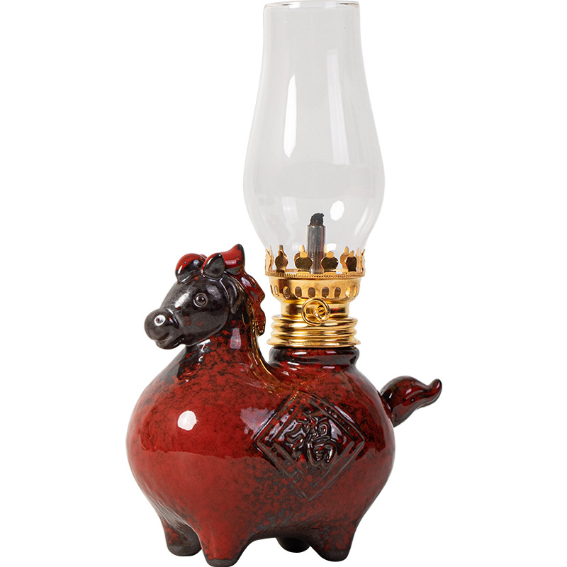 Chinese-Style Ceramic Tang Horse Butter Lamp Lamp Ornaments Everlasting Lamp Zen Tea Room Courtyard Atmosphere Lamp High-End Kerosene Lamp