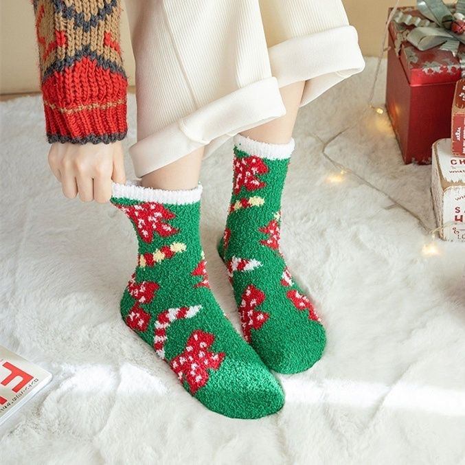 Christmas Gift Socks New Year Socks Women's Coral Velvet Thickeneded Cute Mid-Calf Socks Red Socks Floor Socks