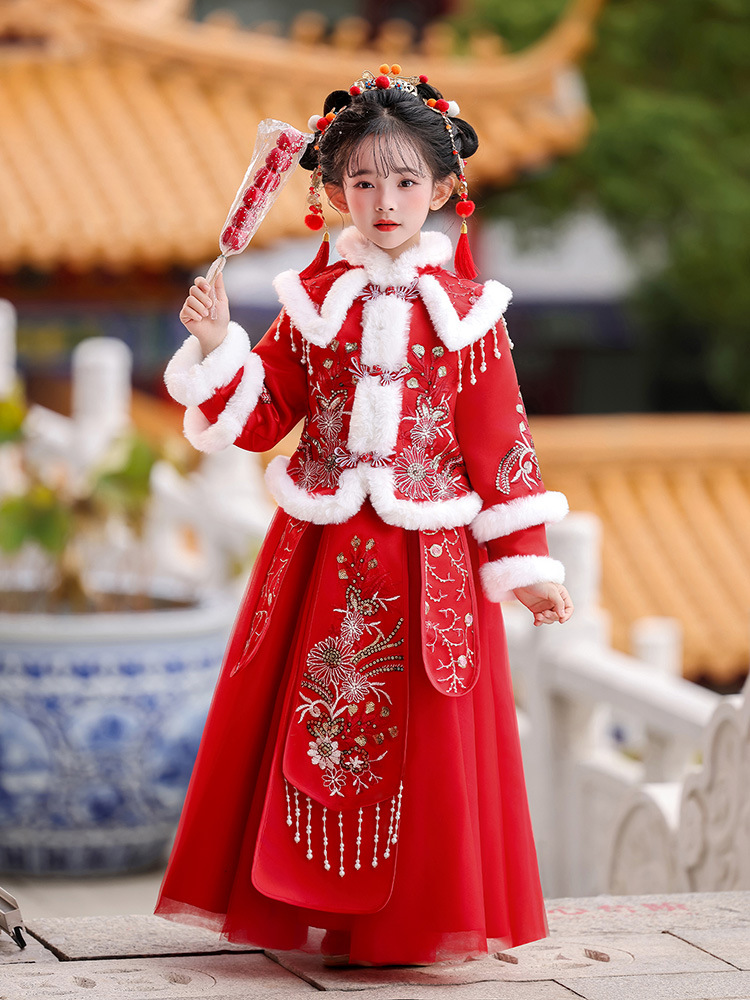 Little Girl Chinese Style Princess Dress Thickeneded Cloak Ancient Style Han Dynasty Girls Winter Clothing Fleece-Lined Suit Cloak New Year's Greetings Clothing