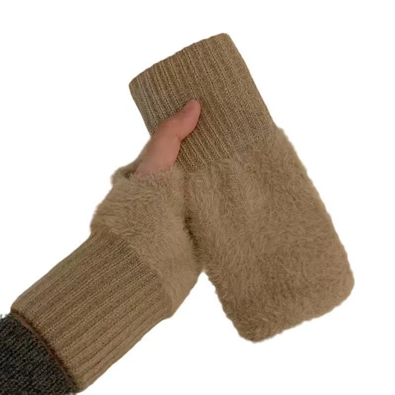 New Ins Style Half-Finger Plush Gloves, High-Looking Princess Warm Autumn and Winter Hand Socks, Touch Screen for Students in Class