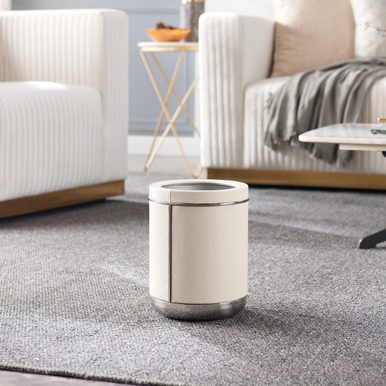 Stainless Steel Leather Trash Can Simple Model Room Accessible Luxury 2024 New Living Room Bedroom Large Capacity Bucket Storage