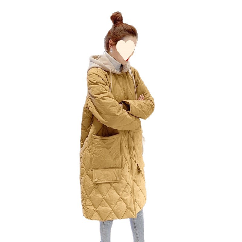 2025 New Winter Style Cotton-Padded and Thickeneded Versatile Knee-Length Mid-Length Diamond Plaid Loose Hooded Jacket for Women