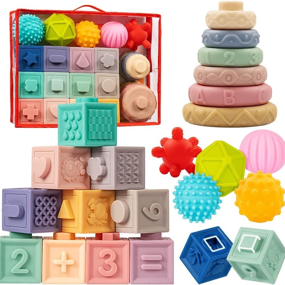 Cross-Border Vinyl Chewable Ball, Squeeze and Squeak Baby Early Education Educational Stacking Soft Rubber Building Block Set Toy