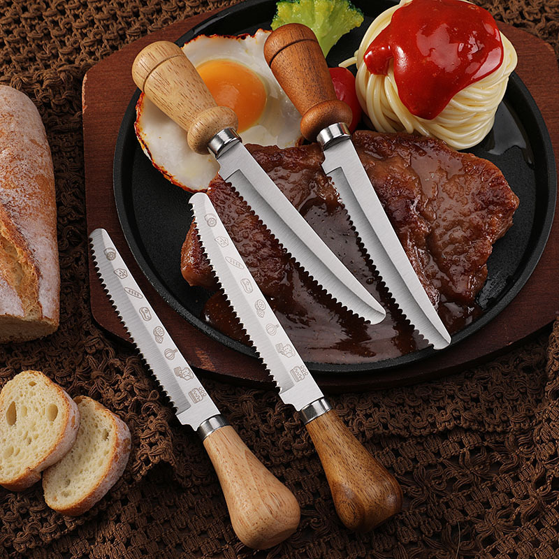 Factory Spot Wooden Handle Serrated Steak Knife Stainless Steel Creative Tableware Western Steak Knife Cake Toast Bread Knife