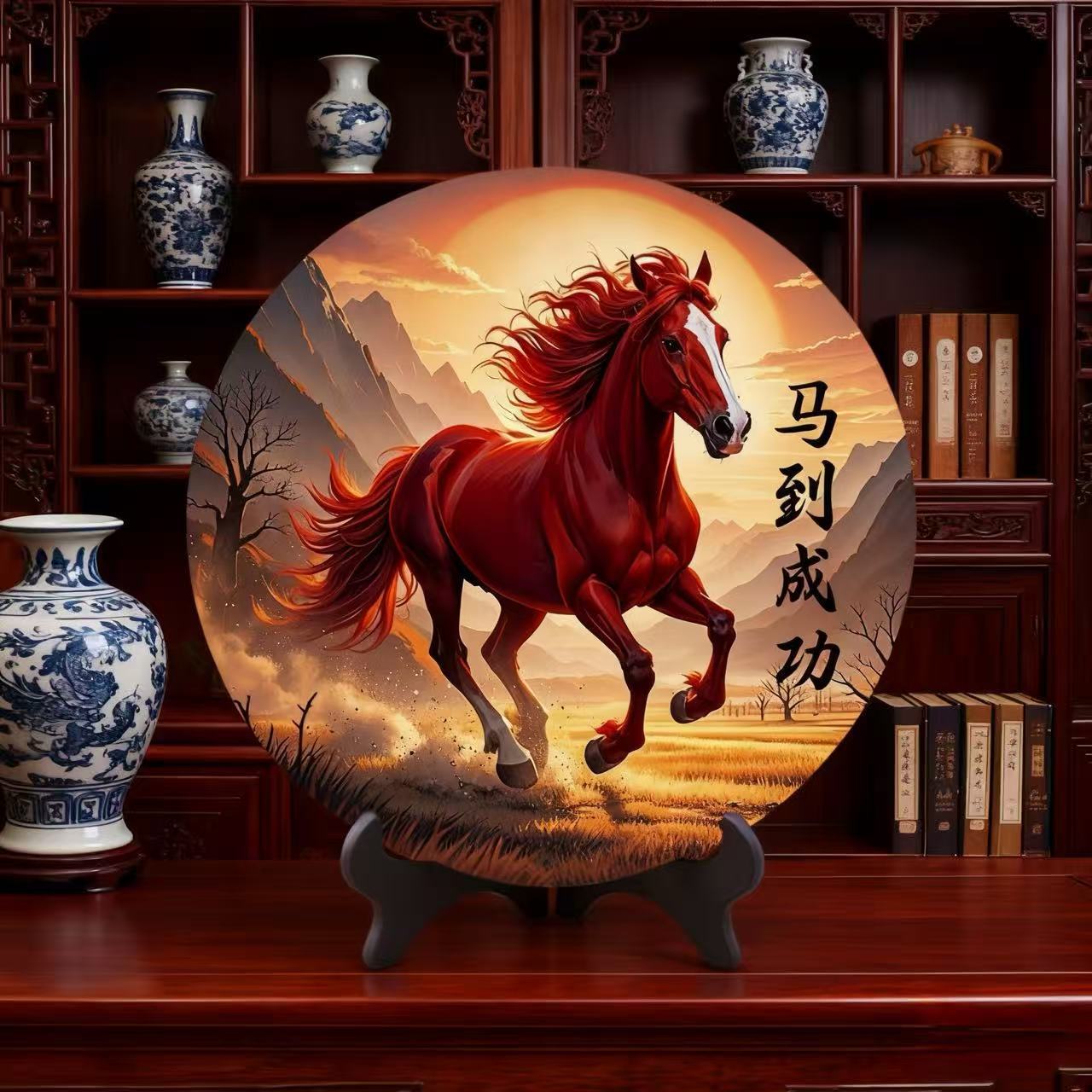 High-Definition Chinese-Style Density Board Round Desktop Ornaments for Living Room, Entrance Hall, Study, Office, High-End Decoration