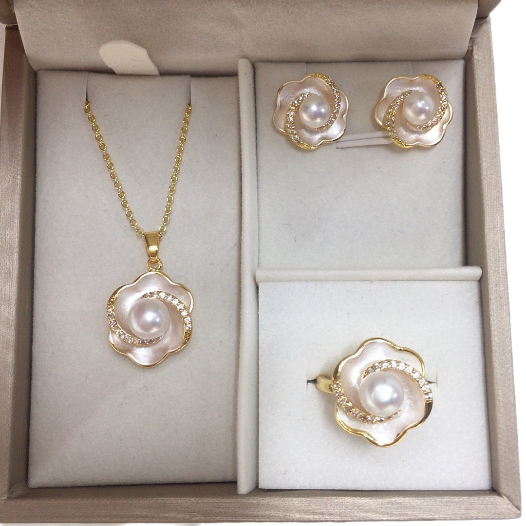 5A Grade Natural Freshwater Pearl Pendant Earring Set High-End Roll Flower Pearl Set Wholesale Douyin Same Style