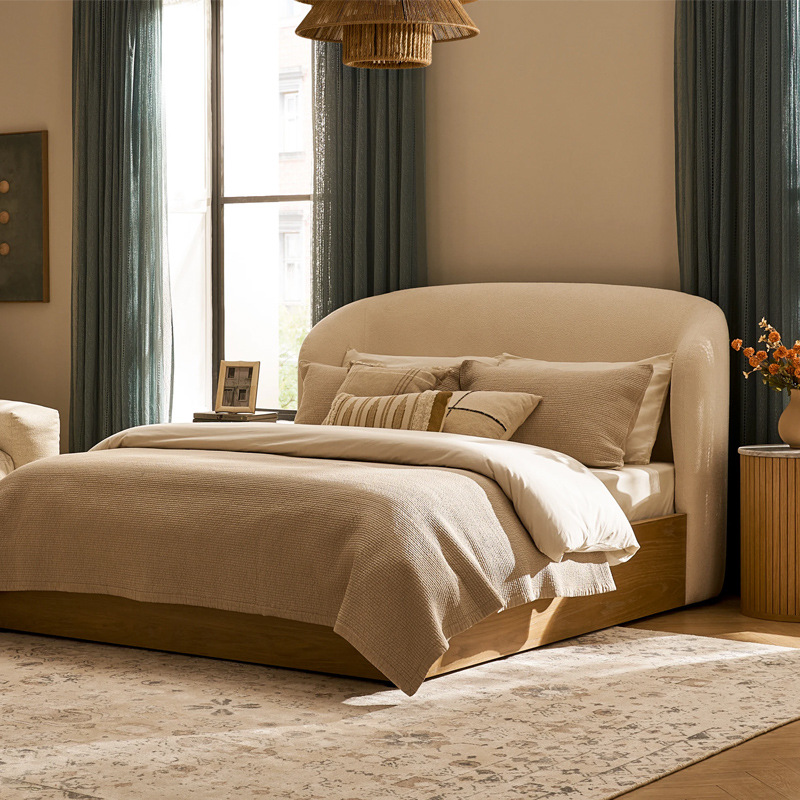 Северная кровать из массива дерева в стиле Wabi-Sabi с двуспальным тканевым хранилищем французского середины века 1.8 м