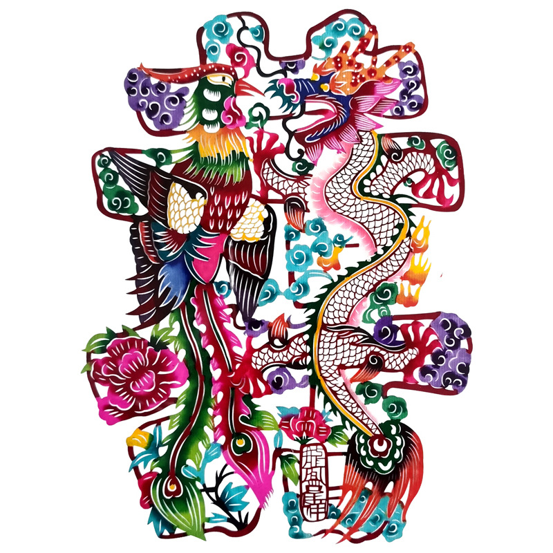 Chinese Weixian Specialty Finished Colorfulful Handmade Paper-Cut Window Decorations Chinese and English Translation of the Twelve Zodiac Signs and Blessings Series