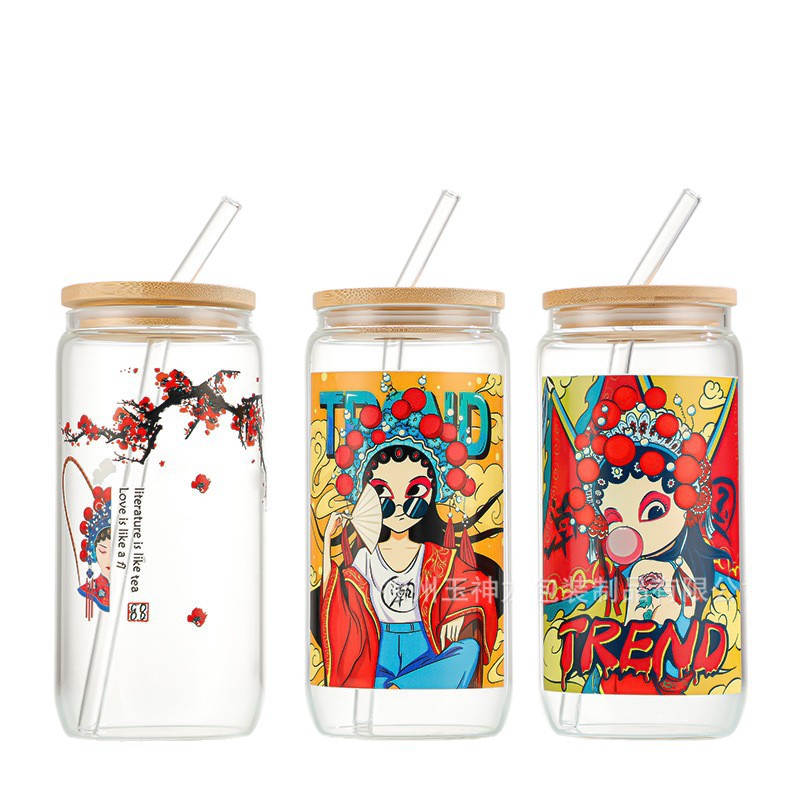 16oz Borosilicate Glass Cup Coke Cup Bamboo Lid Juice Drink Suction Cup Cross-border Printing Custom Gift Cup