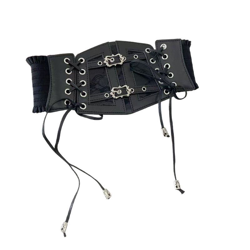 European and American Style Women's Palace-Style Shapewear Belt with Embroidered Rose Bouquet, Paired with a Dress and Wide Waist Belt