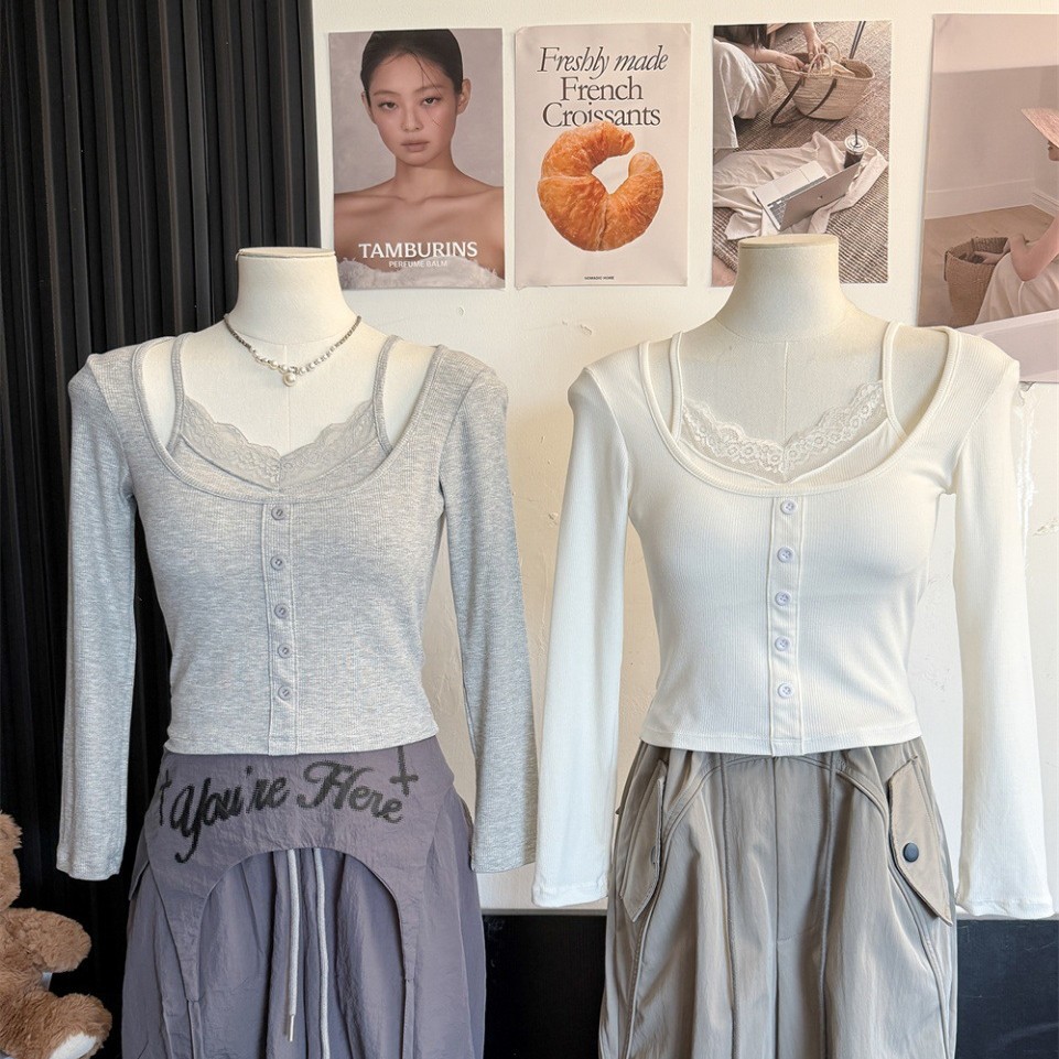 5153 # Pure Desire Hot Girl Lace Patchwork Fake Two-Piece Long Sleeve T-Shirt Autumn Slim Fit Inner Short Base Shirt Top