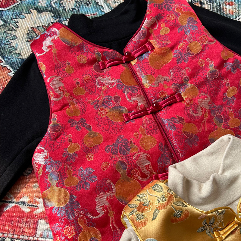 Boys' Hanfu Suit Winter Children's Retro Tang Suit Gold Silk Jacquard Quilted Vest New Year Outfit Warm Jacket