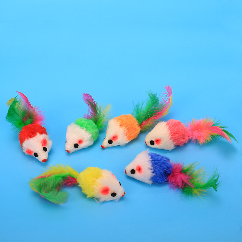 Colorful Feather Tail Plush Little Mouse Funny Cat Mouse Cat Toy Realistic Mouse