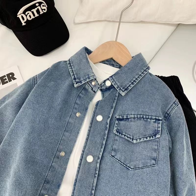 New Children's Denim Shirt Spring and Autumn Top for Young Children Stylish Turn-Down Collar Jacket Boys and Girls Long-Sleeve Trendy Style