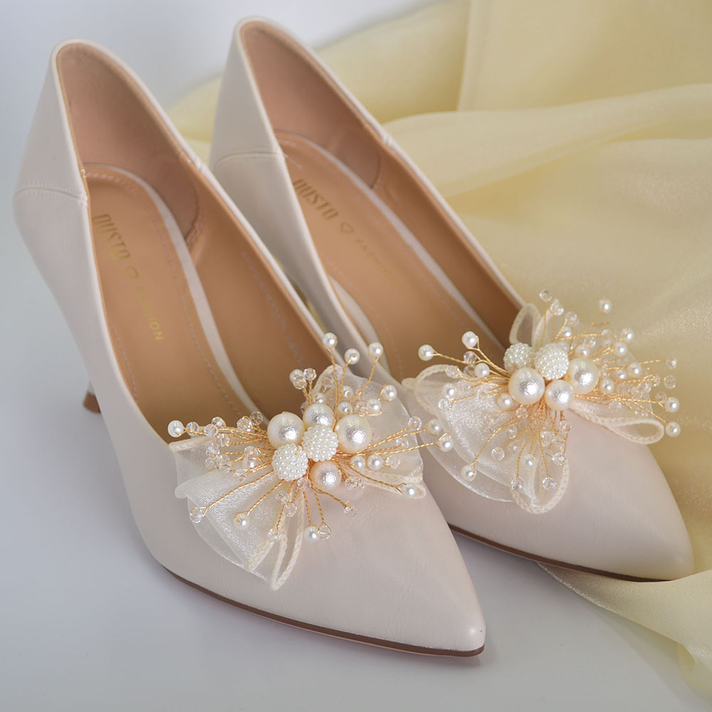Wedding Shoes Women's Shoes 2024 New Wedding Wear Thick Heel Bride Shoes Bridesmaid Double Bow French High Heels Shoes