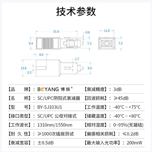 Boyang By-Sj103U1 Carrier-Grade Fiber Optic Attenuator Sc/Upc Yin and Yang Type 3Db-25Db Male and Female Connector