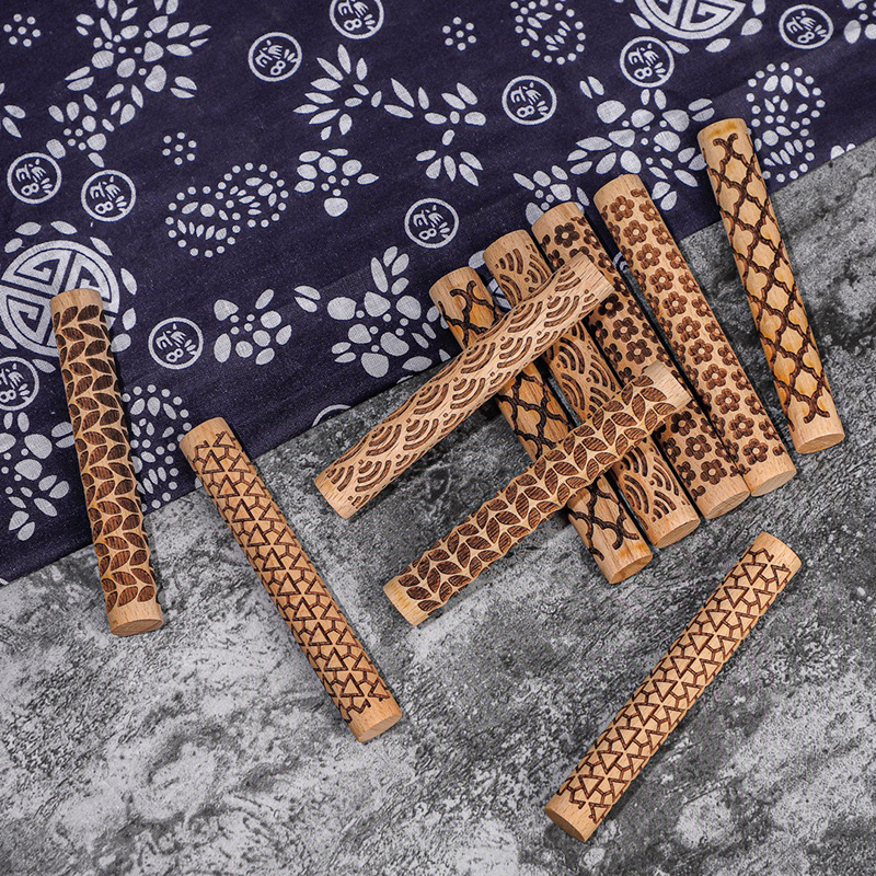 New Beech Embossed Rolling Pin Laser Engraving Pattern Printing Clay Tool Rolling Clay Stick Pressing Clay Stick Printing