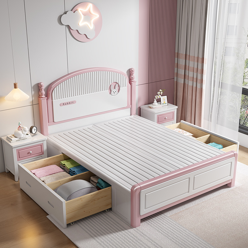 Children's Bed Girl Pink Princess Bed 1.35m Teenager Solid Wood Bed 1.5 Single Bed 1.2 Storage Bed 1.8m
