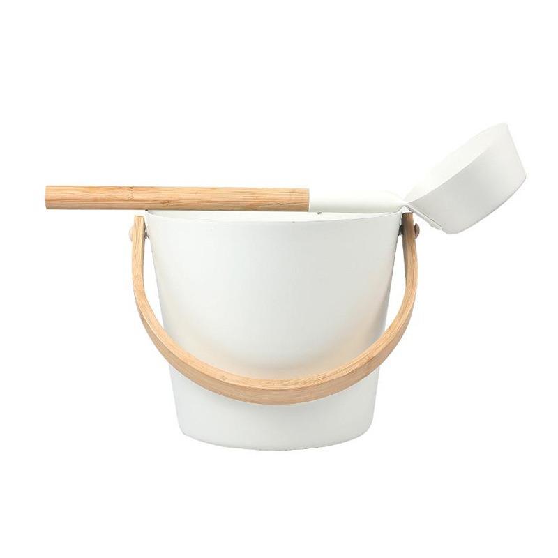 In Stock! Durable Model Sauna Aluminum Bucket, Aluminum Scoop, 5L Spray-Coated Aluminum Bucket, High Temperature Resistant, Black, White Wooden Handle