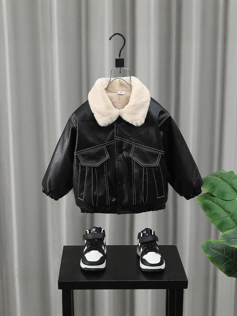 Children's Clothing Boys' Cool and Handsome Leather Jackets New Fashionable Baby Autumn and Winter Clothing Kidsren's Korean Style Velvet Thick Jacket Leather Jackets