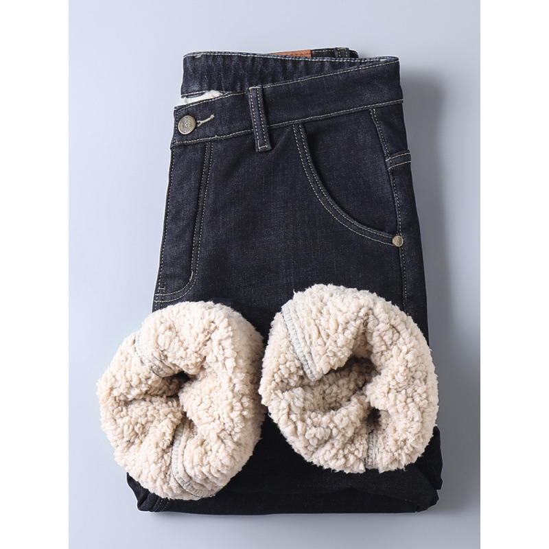Men's Lamb Velvet fleece-lined Jeans Men's Winter Loose Straight Business Thickened Warm Casual Men's Trendy Pants