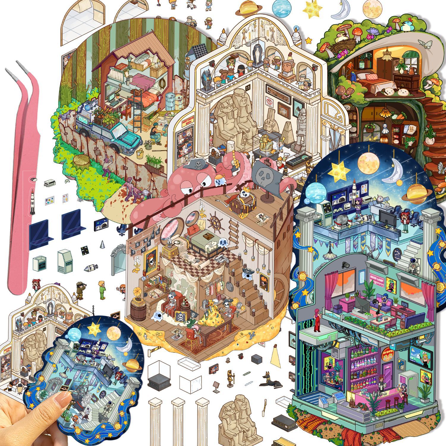 Korean Cartoon Landscaping Stickers Cute Visual 3D Stereo Cabin Little Red Book Decompression Landscaping Scene Handbook Stickers