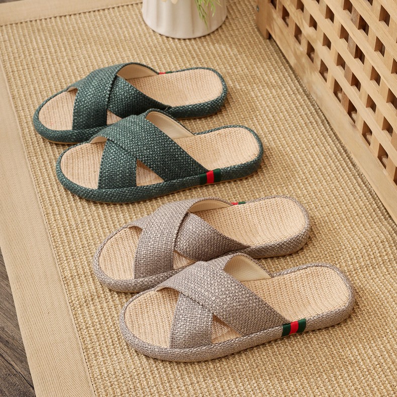 Домашние нескользящие тихие четыре сезона домашние льняные перекрестные моп льняные тапочки женские летние indoor мужские дышащие толстые подошвы