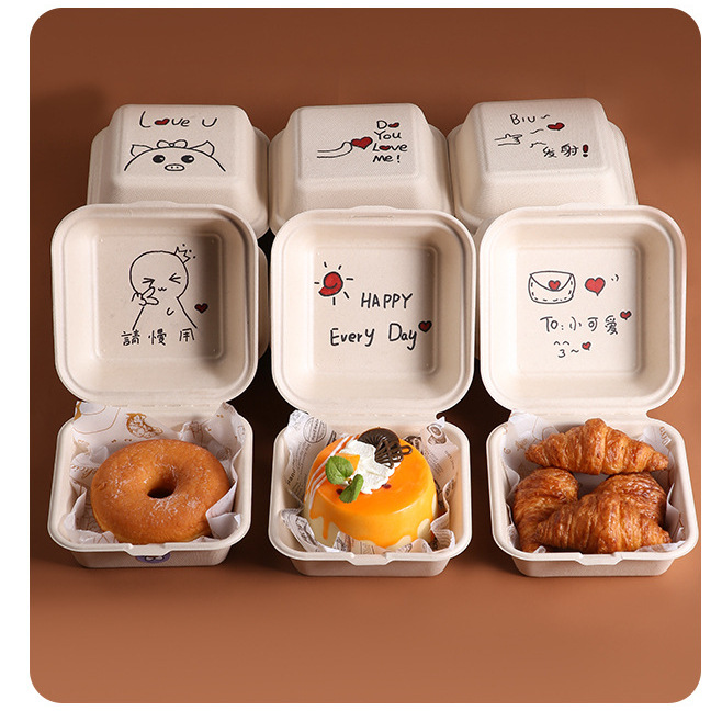 Disposable Paper Pulp Hamburger Box Customizable Environmentally Friendly Degradable Support Printing 4inch 6inch Hamburger Box Food Grade