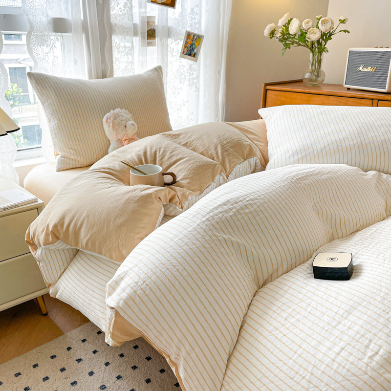 Skin-Friendly Washed Cotton Student Dormitory Three-Piece Striped Type a Single and Double Quilt Cover Pillowcase Cross-Border Dropshipping Manufacturer Wholesale