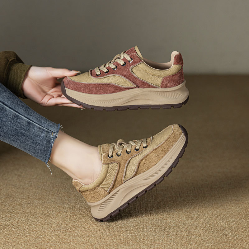 Обувь из натуральной кожи Forrest Gump для женщин 2025 года Новая универсальная обувь с толстой подошвой Красный верхний слой коровьей кожи Винтажная обувь больших размеров для женщин