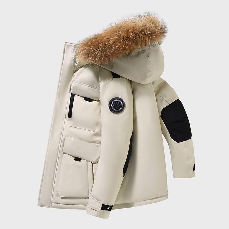 2025 New Thickened Couple's Workwear down Jacket Winter Clothing for Men and Women, Mid-Length with Fur Collar, Outdoor Warm and Trendy