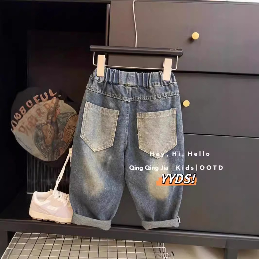 Puppies Handsome Children's Jeans Straight Leg Trousers Japanese-style Loose Ripped Water Washed Boys' Big Kids Niuzi Fried Street Fashion Cool