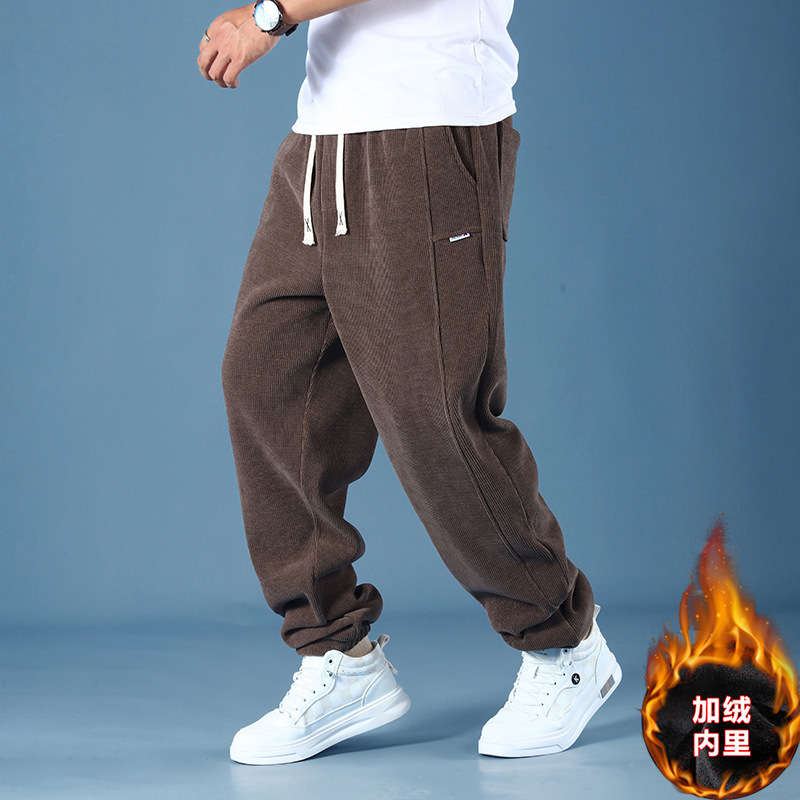 Corduroy Men's Pants Plus Size Autumn and Winter Straight Loose Sports Casual Fleece-Lined Long Trousers Trendy