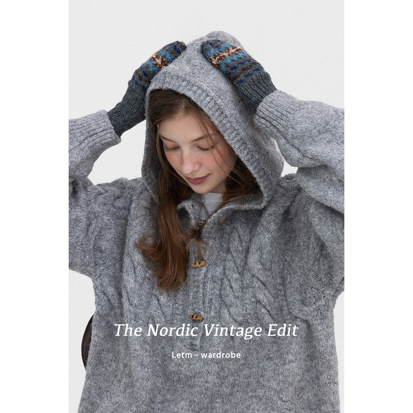 Letm Scandinavian Retro Wool Fluffy Cable Half Placket Horn Button Hooded Sweater for Women