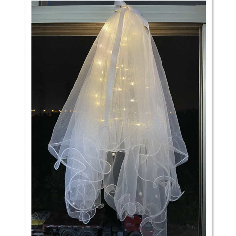 Glowing Veil Influencer Photo Prop with Lights for Photo Shoots, Fairy-Style Double-Layer Veil for Travel and Marriage Registration