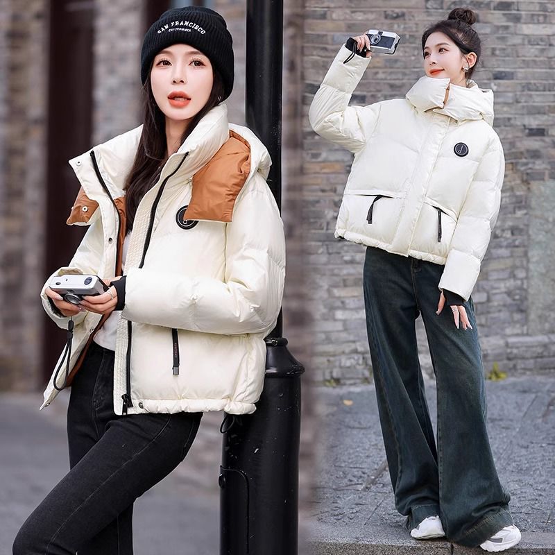 Contrast Color Quilted down Jacket Women's Short Winter New Style This Year's Popular Small Bread Jacket Burgundy