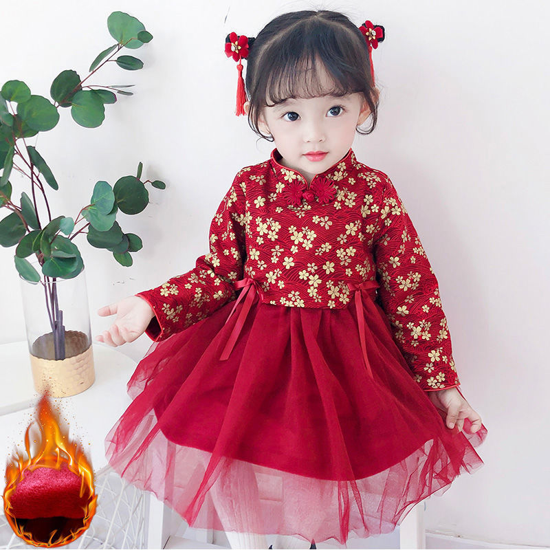 New Year's Greetings Clothes for Girls 1-8 Years Old, Autumn and Winter Dresses, Kidsren's Velvet Skirts, Han Dynasty Winter Girls' Cheongsam Skirts