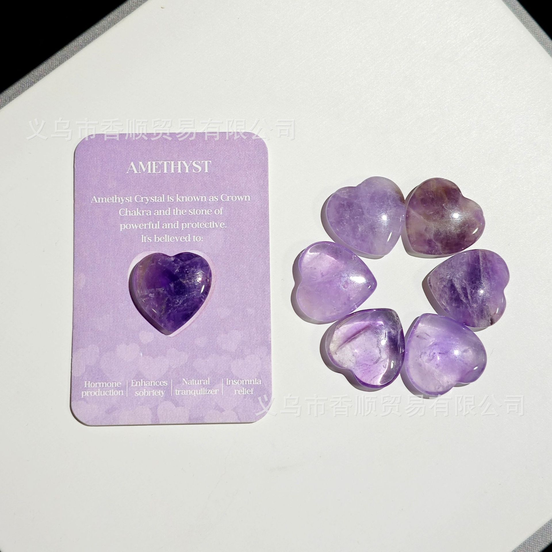 Cross-Border 20mm Heart-Shaped Natural Amethyst Cardboard Energy Stone Wholesale Heart Stone Cardboard Set Energy Stone