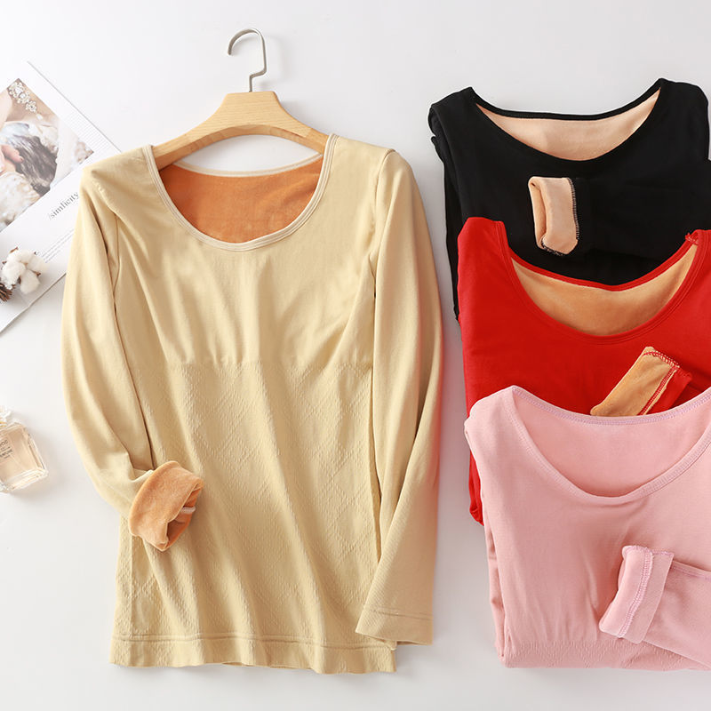 Autumn and Winter new Korean style large round neck fleece-lined thick warm top women's slim-fit long-sleeved bottoming shirt tight underwear