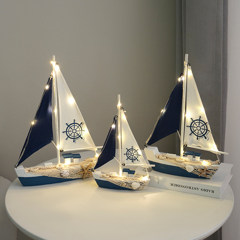 Mediterranean Style Creative Home Decoration Furnishings Wooden Sailboat Model Small Ornaments Handicraft Wooden Boat Boat