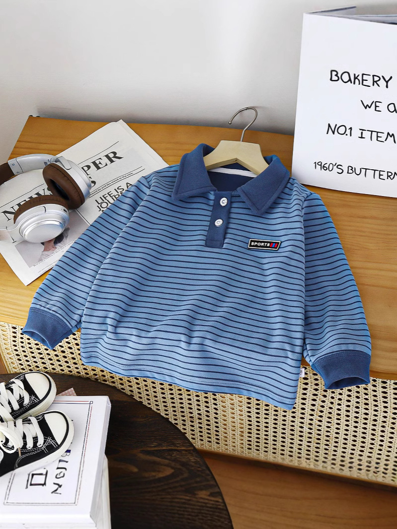 2025 Spring and Autumn Children's Base Shirt Boy's Velvet Polo Shirt New Striped Top Loose All-match Turtleneck Shirt