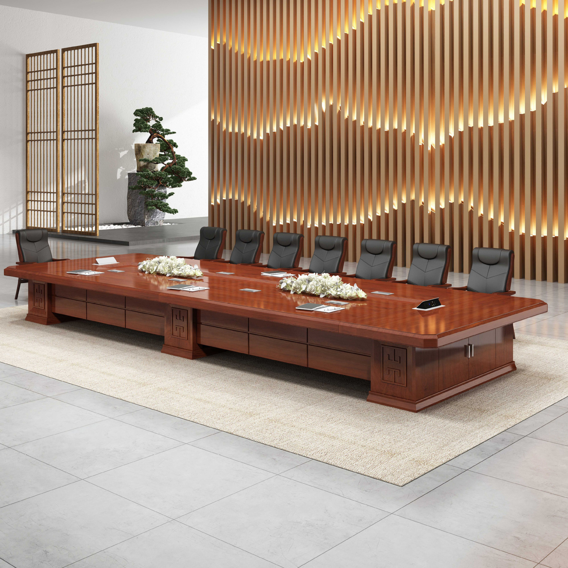 Chinese Painted Solid Wood Leather Large Conference Table Long Table Commercial Conference Room Negotiation Company Rectangular Conference Table