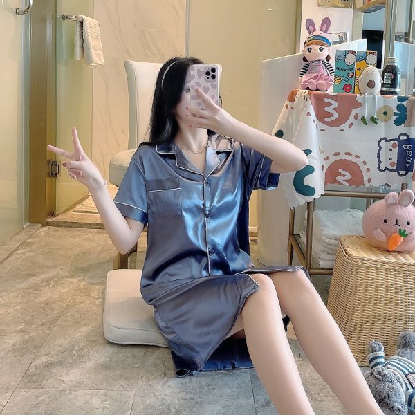 Foreign Trade Pajamas 2024 Women's Summer Solid Color Nightgown Loose Skirt Silk Loungewear