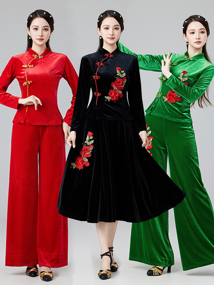 Cheongsam Collar Square Dance Costume New Arrival suit Autumn and Winter Golden Velvet Performance Costume Women's Large Swing Skirt Wide Leg Pants Dancing Clothes