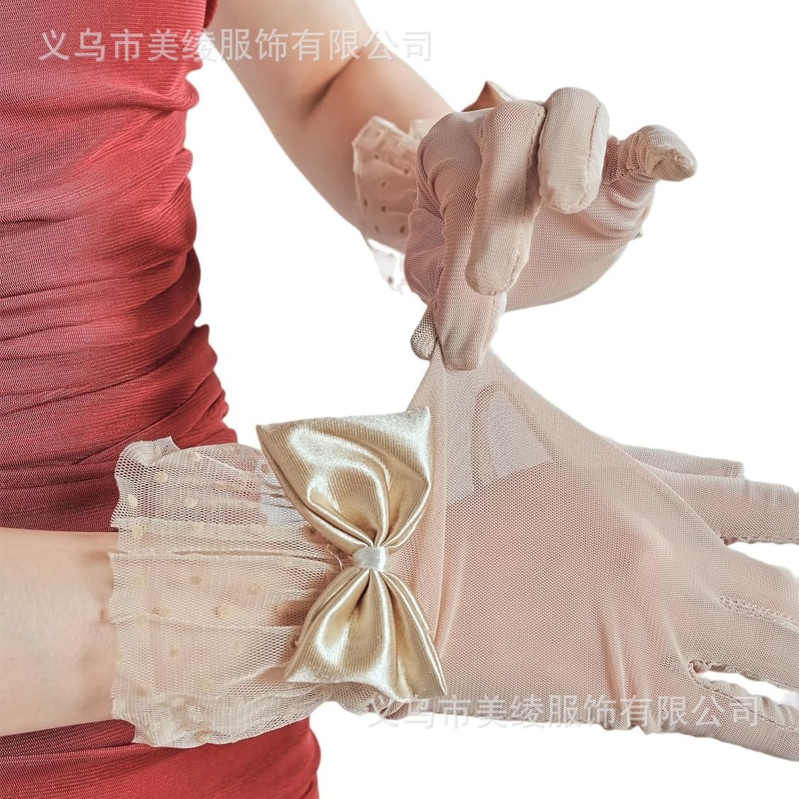 European and American Retro Hepburn Wind Mesh Gloves Bridal Wedding Dress Bow Gloves Evening Dress Lace Decorative Gloves