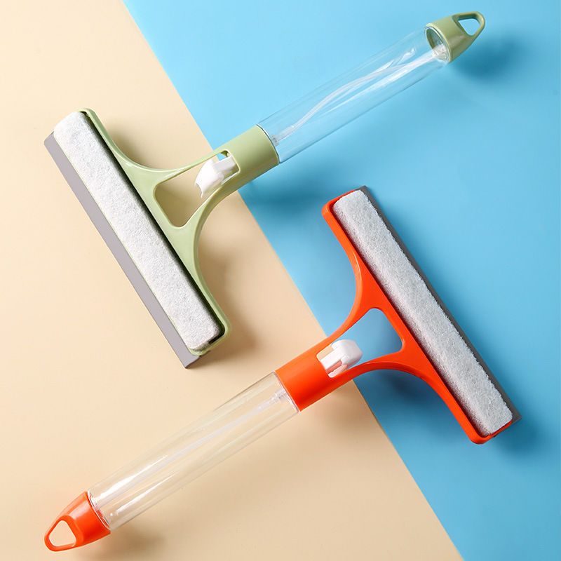 Short-Handled Handheld Water Spray Window Scraper with Built-In Nozzle Window Cleaning and Wiper Three-In-One Bathroom Glass Mirror Cleaner