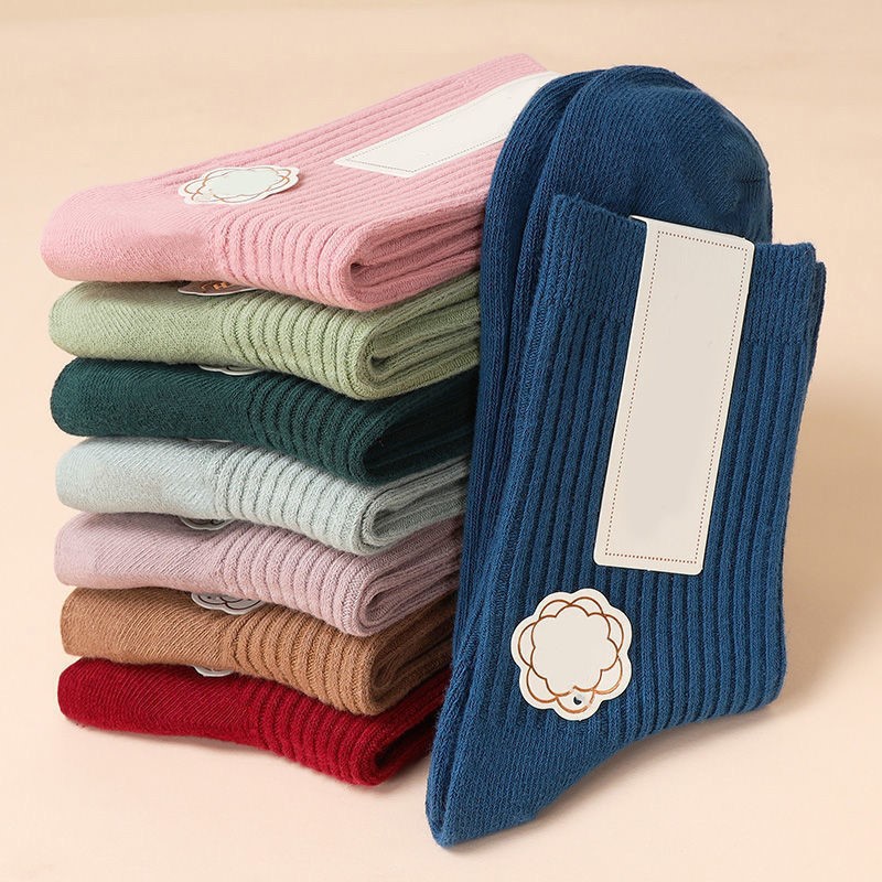 Women's socks spring and summer Four Seasons solid color mid-calf length socks vertical stripes casual women's confinement socks pile socks Japanese style stockings wholesale