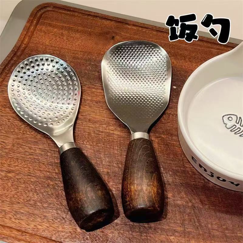 New Stainless Steel Rice Chicken Wing Wooden Spoon Rice Shovel Household Rice Cooker Vertical Spoon for Rice Serving High Temperature Resistance