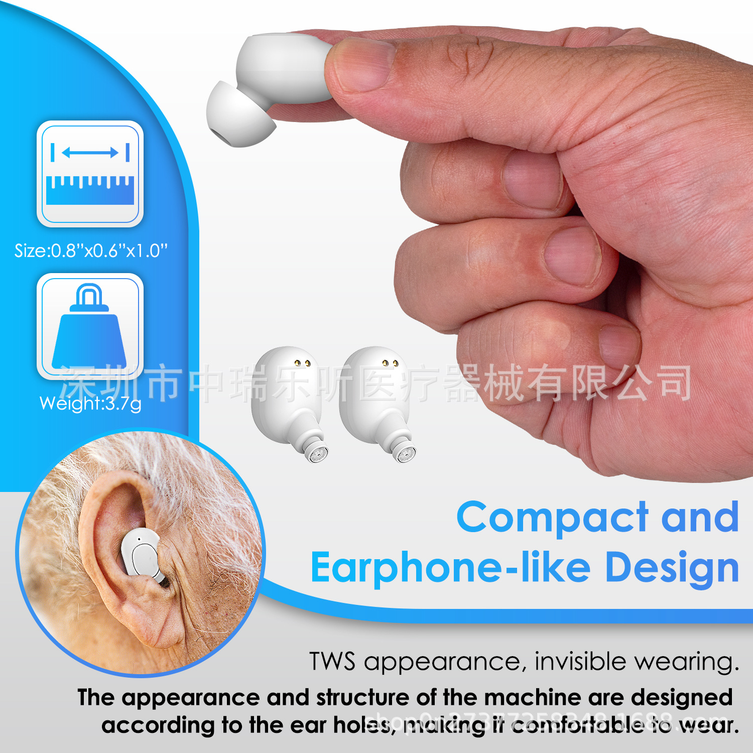 Hearing Aid Tws Model Zr-M88Bt Bluetooth Version with Digital Dynamic Iron Speaker, No Distortion, Low Background Noise, Bluetooth Version