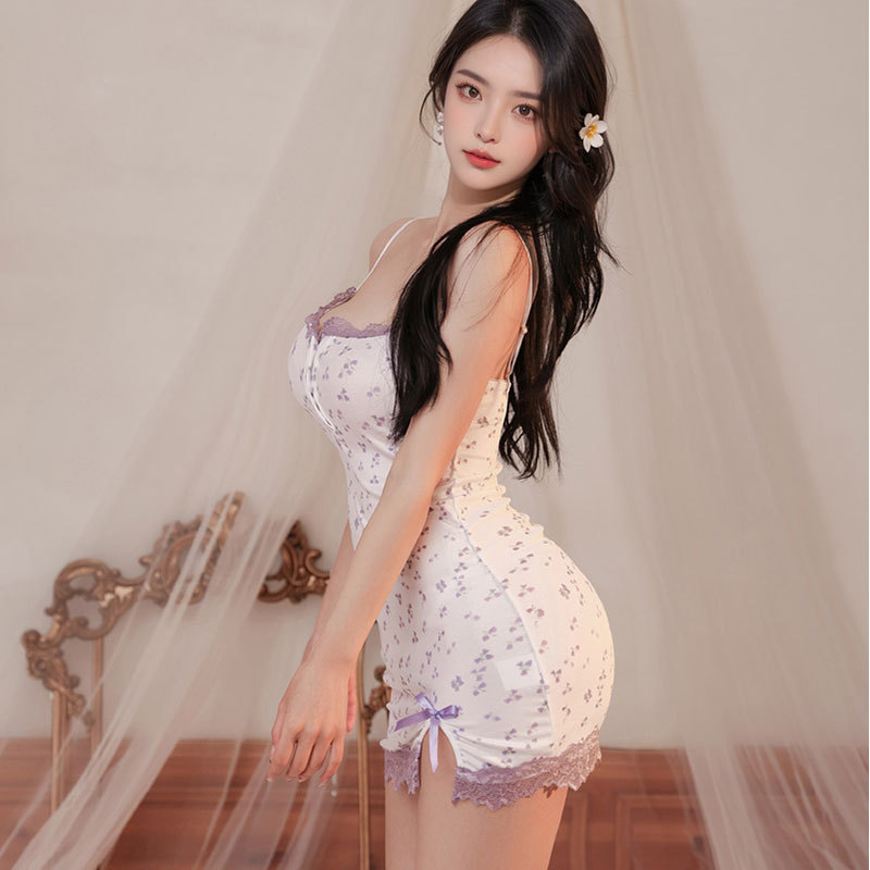 Sexy Lingerie Flirting Pure Desire Girl Purple Floral Qqny Suspender Sexy Purple Lace Dress Nightgown